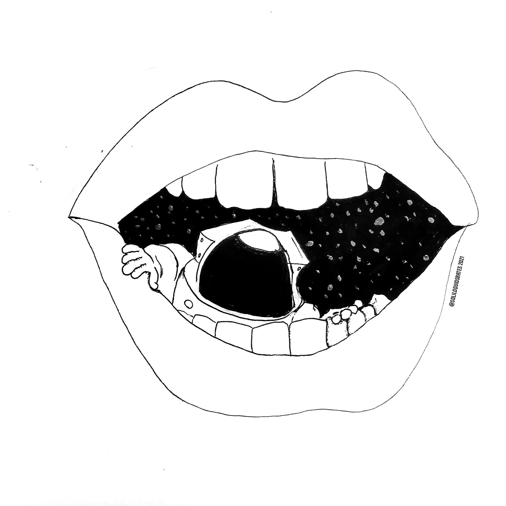 Desenho em preto e branco de uma boca aberta que contém uma pessoa com traje de astronauta diante de um campo estrelado.