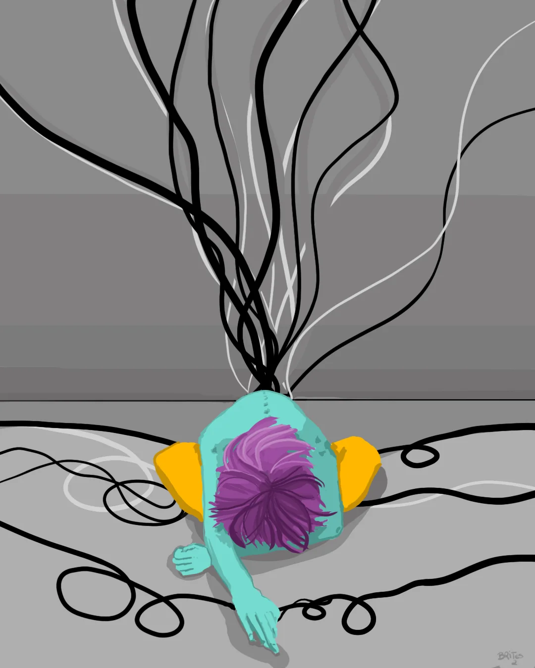 Ilustração vertical de uma figura de cabelo roxo, vista de cima, tocando linhas pretas que se cruzam sobre fundo cinza.